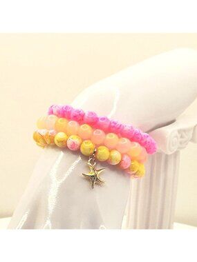 Pink Orange Bracelet Stack, Tropical Beach Bracelet, Starfish Charm Bracelet